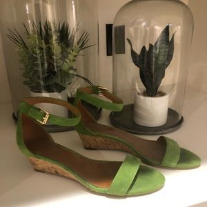 Authentic Tory Burch kitten heel wedges in green suede.